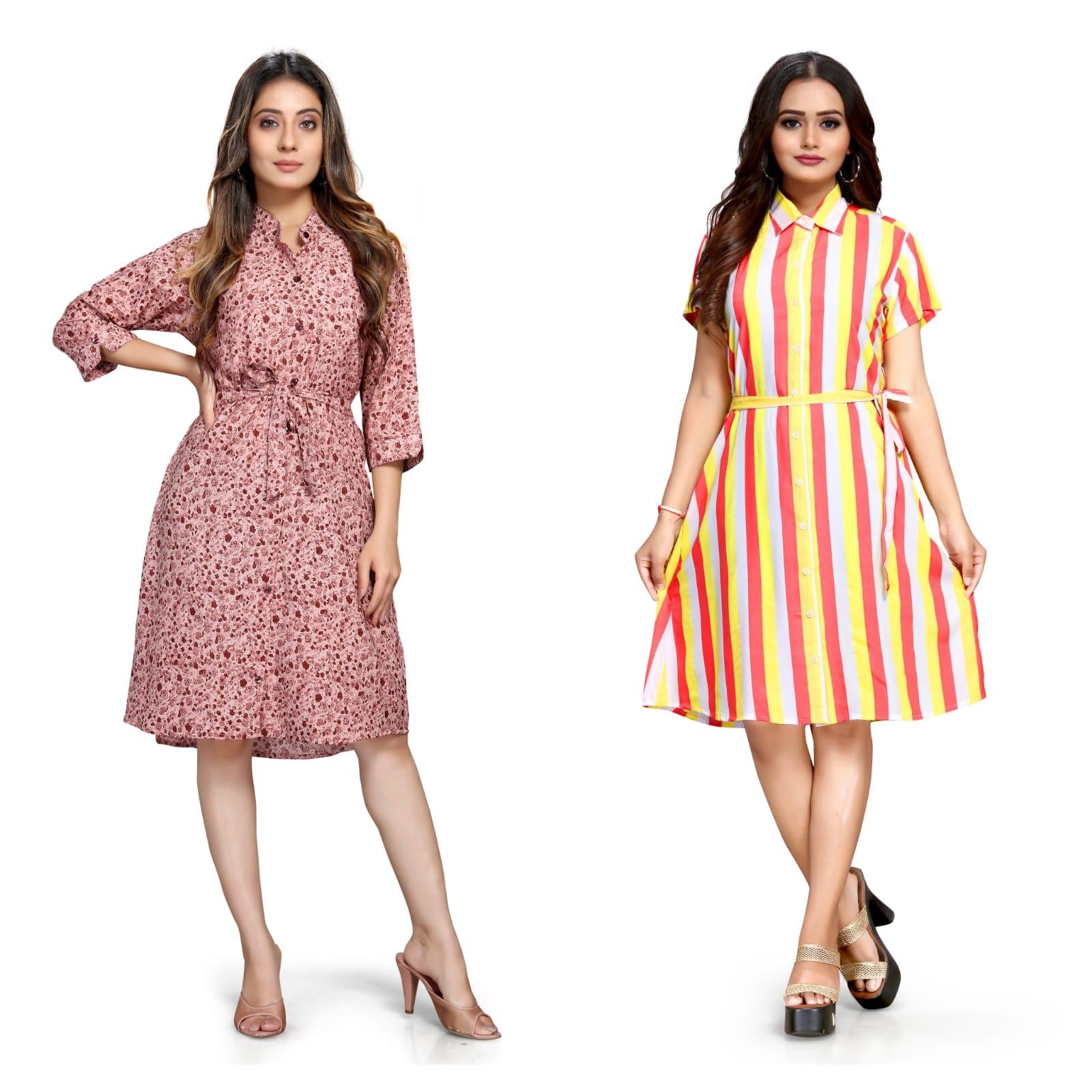 Women's Crepe Printed Shirt Style Short Dress Buy 1 Get 1 Free