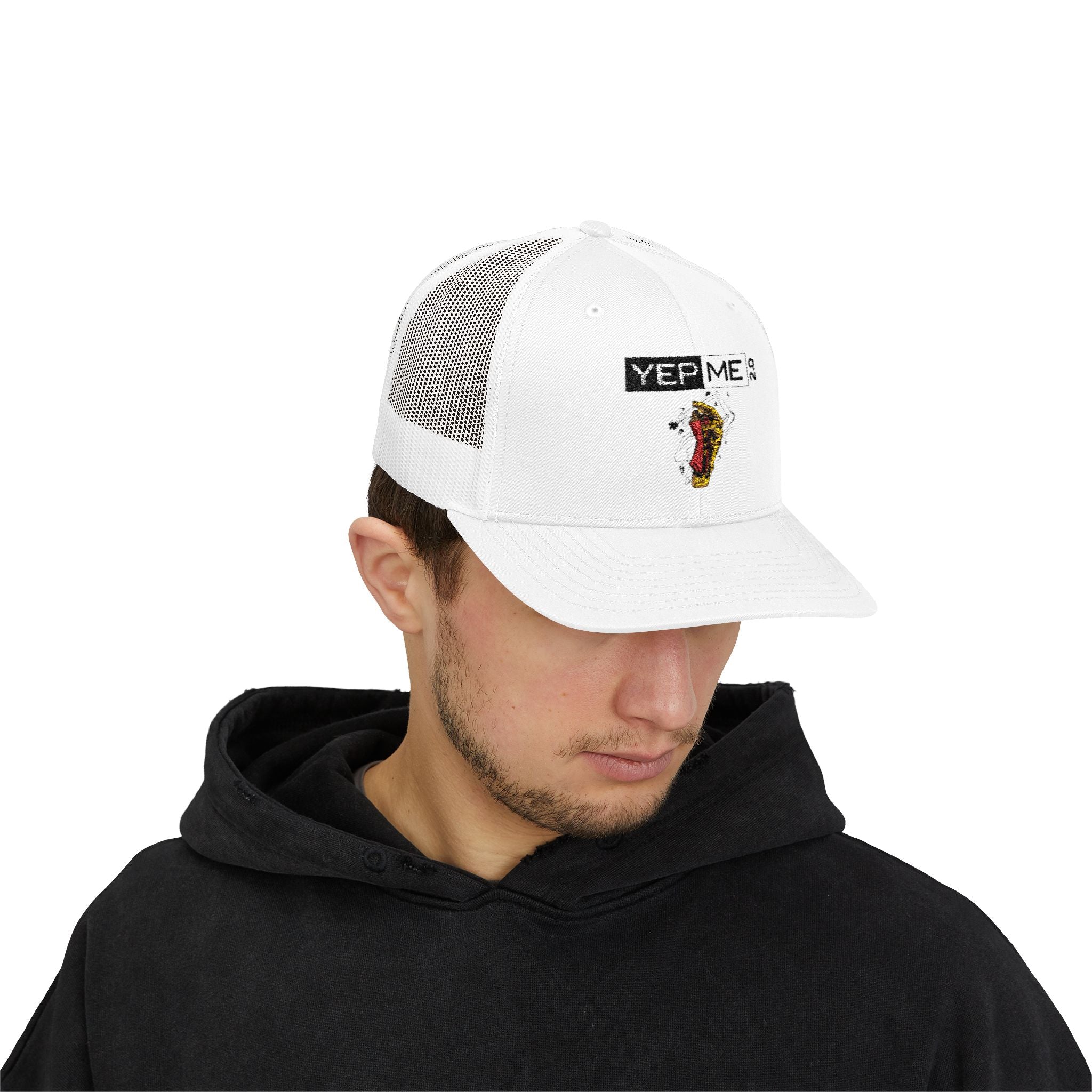 Yep Me Trucker Cap — White Snapback Hat with Retro Graphic